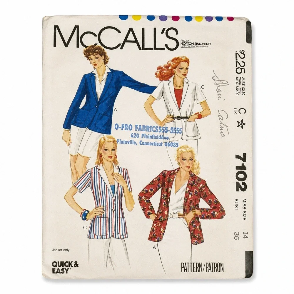 McCall's 7102 Vintage Pattern Misses Jacket 14 1980s Short Long Sleeve‎